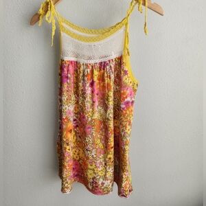 Free People Floral Print Crochet Knit Tank Top XS